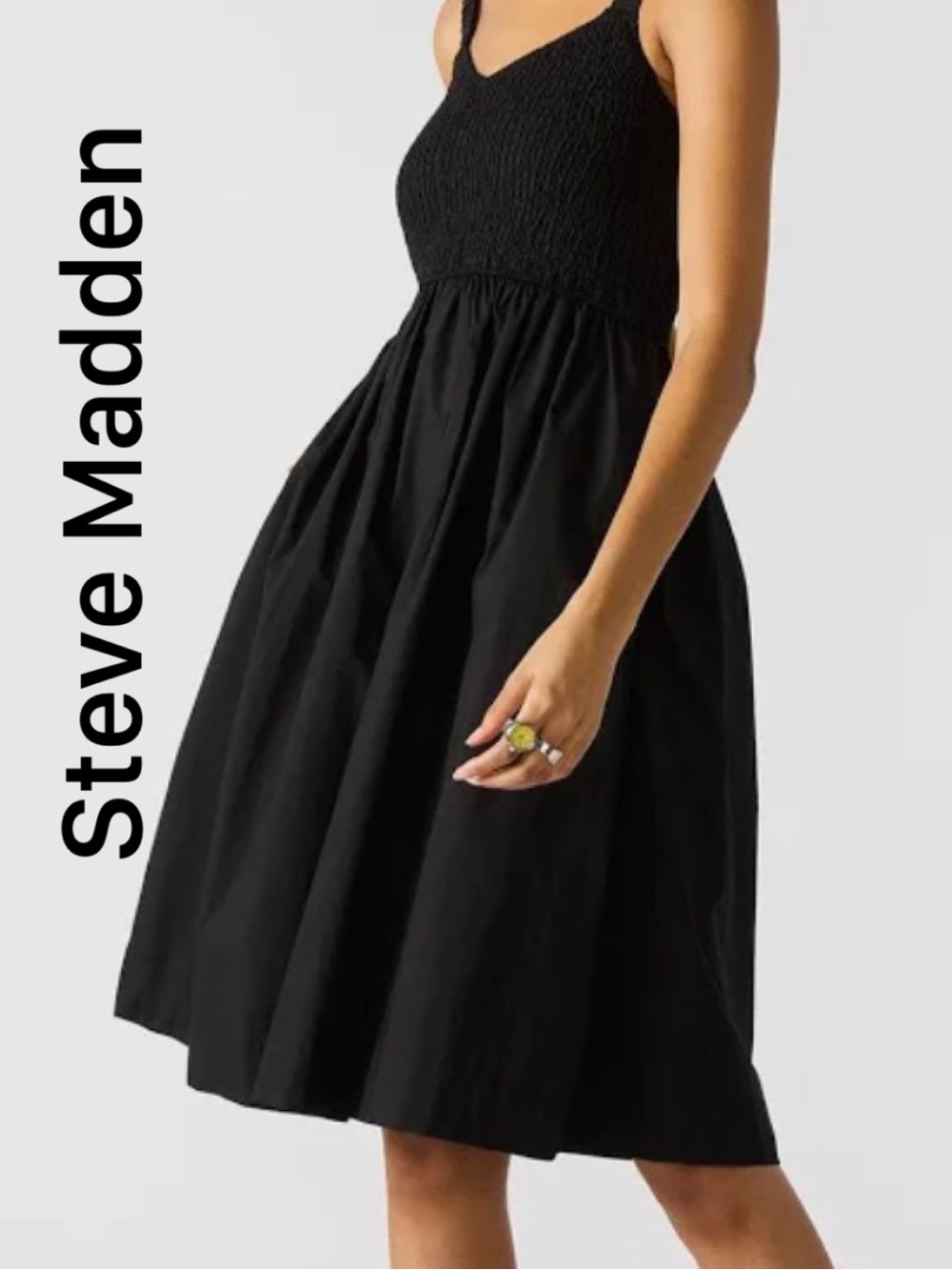Steve Madden Black Smocked Bodice Midi Dress